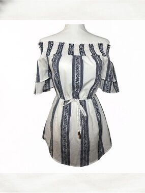 Striped Off-Shoulder Mini Dress with Tie Waist - White & Navy